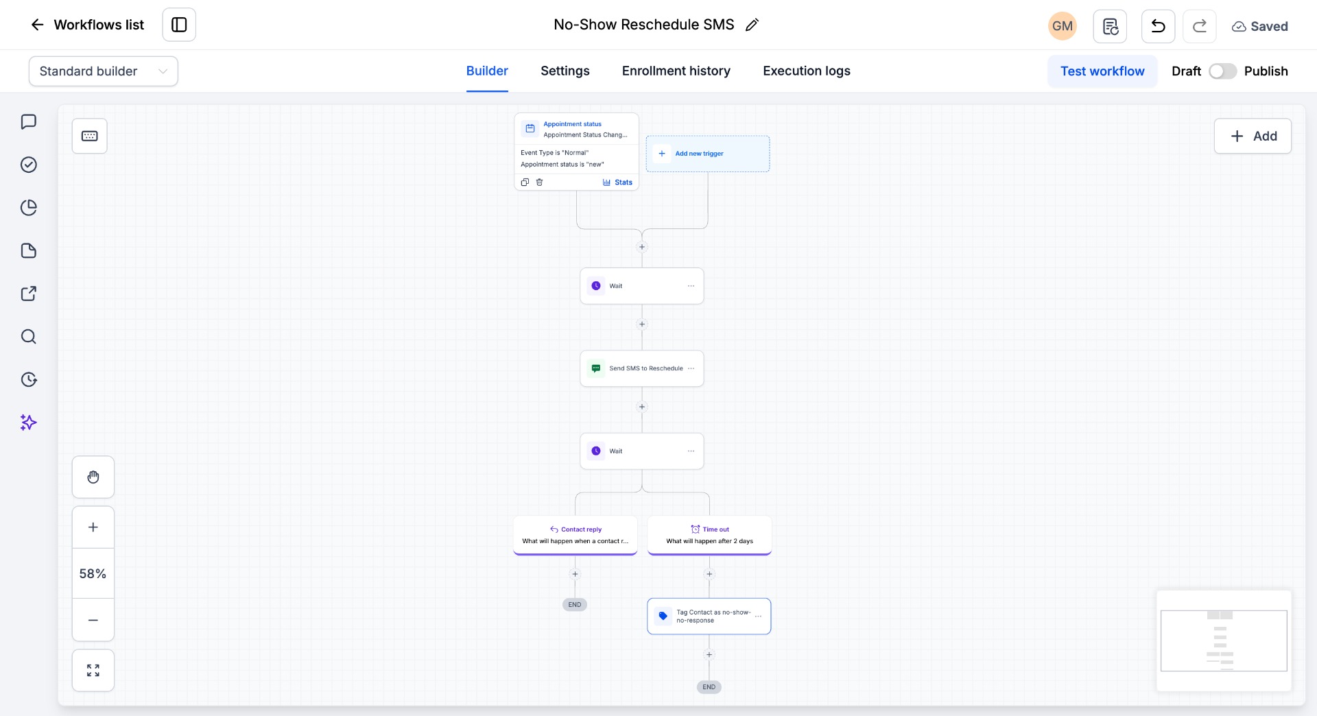 GoHighLevel No-Show Reschedule SMS workflow